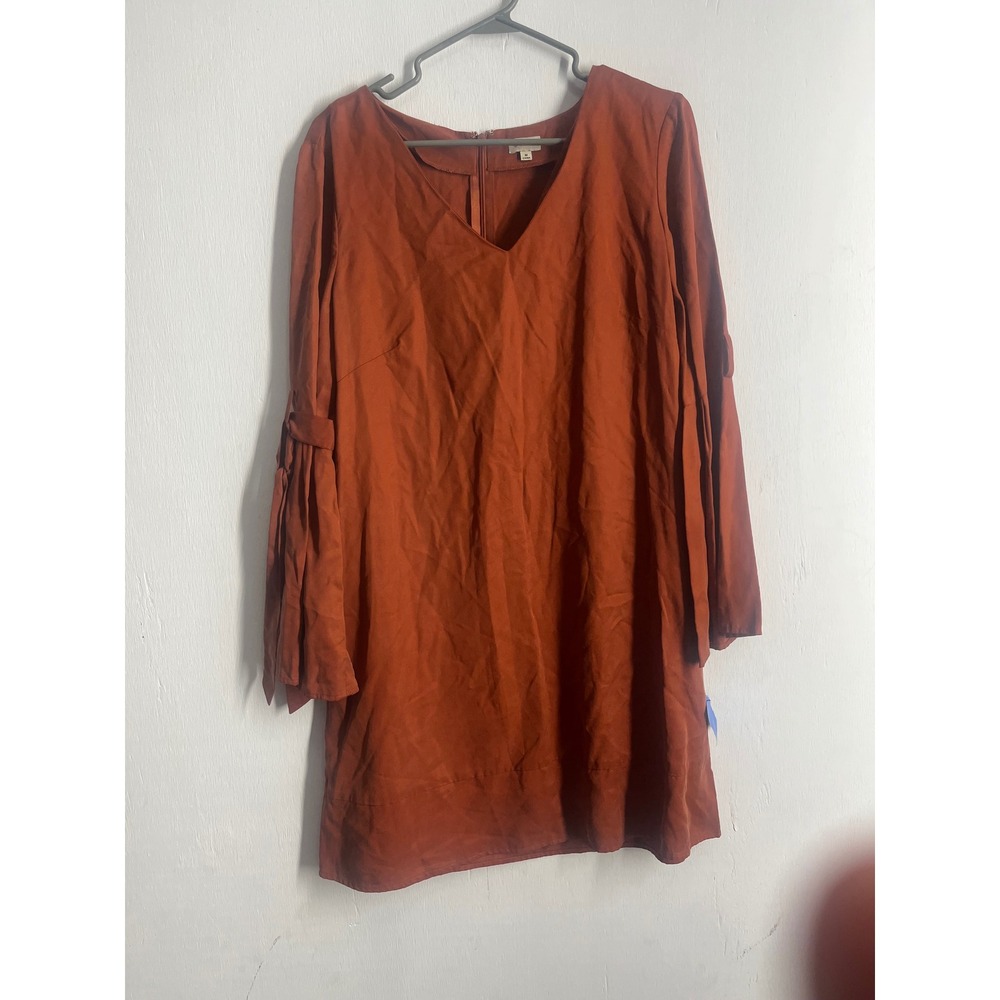 Cremieux Womens Burnt Orange Rust V-Neck Shift Dress Tie Sleeve Detail Size M